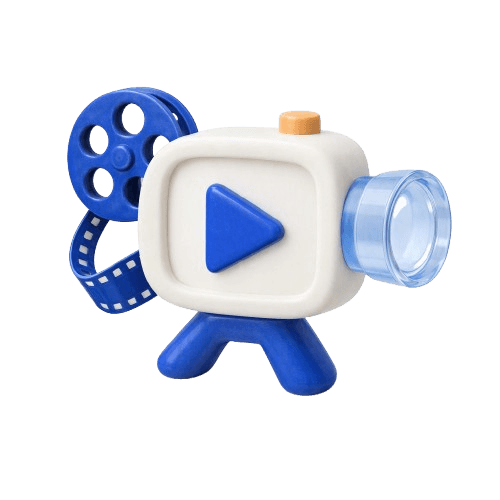 Objeto editorial de una pantalla azul con un símbolo de reproducción y una cinta de película.